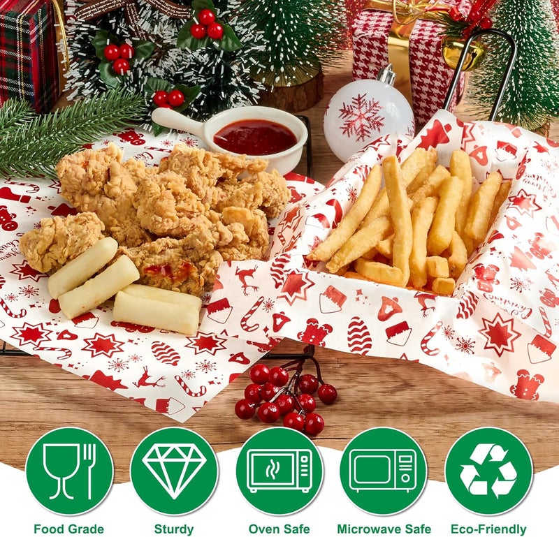 Ocmoiy 100 Sheets Christmas Wax Paper 10" x 10" Sandwich Wrapping Paper, Colored Decorative Deli Parchment Food Basket Liners for Wrapping Holiday Treats, Candy, Cookies (Red Christmas Pattern) - Image 3